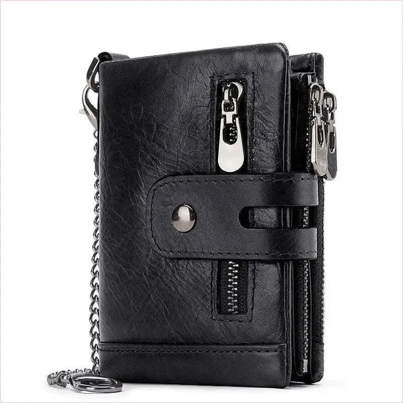 Brown Genuine Leather Wallet with Zippers and Chain Attachment - Pleasures and Sins