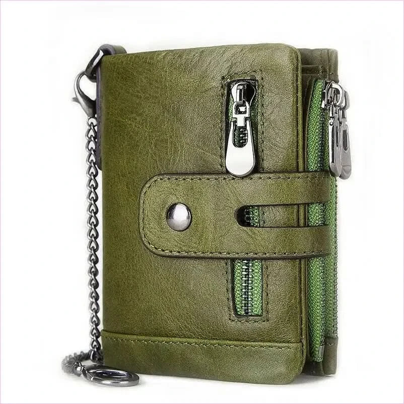 Brown Genuine Leather Wallet with Zippers and Chain Attachment - Pleasures and Sins