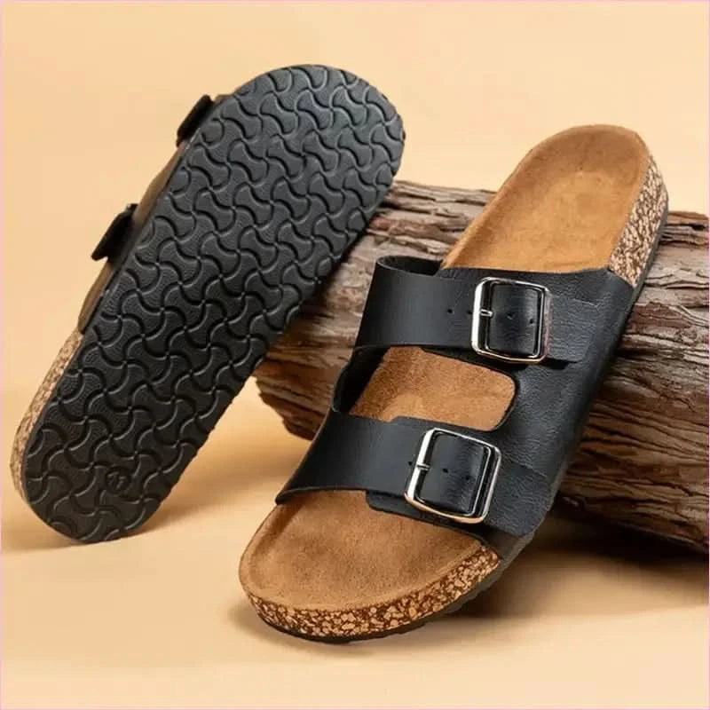 Classic Comfortable Summer Cork Sandals for Men in Black Leather - Pleasures and Sins
