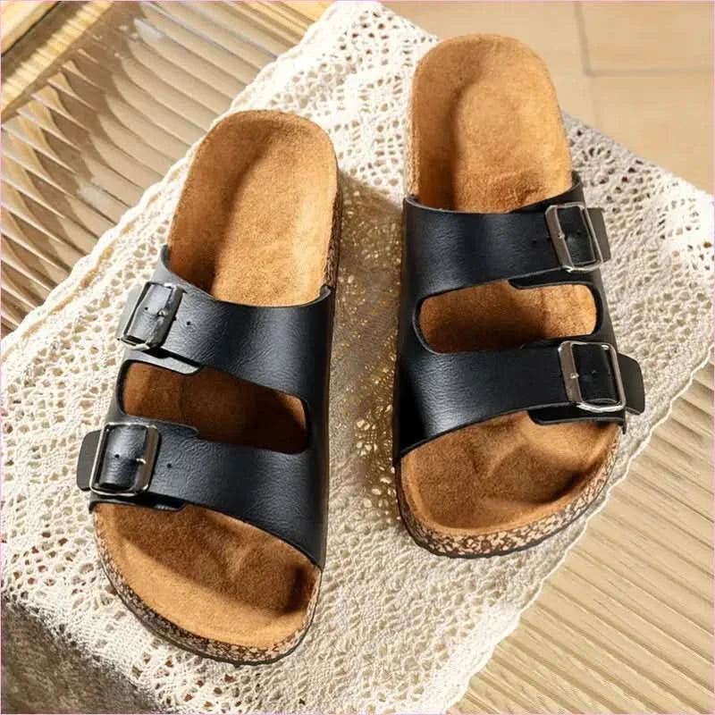 Classic Comfortable Summer Cork Sandals for Men in Black Leather - Pleasures and Sins