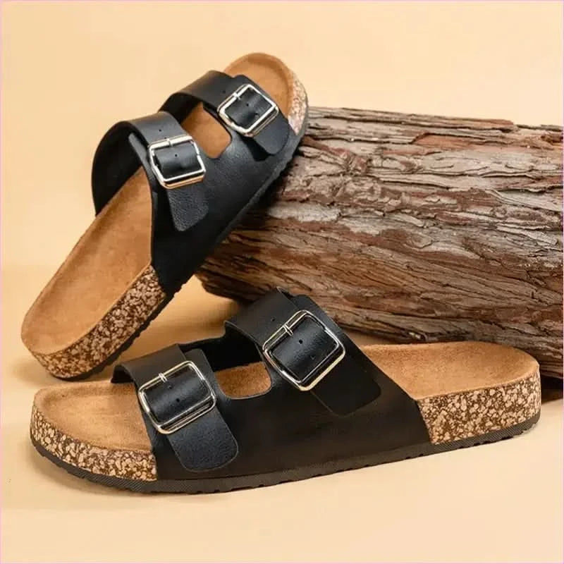 Classic Comfortable Summer Cork Sandals for Men in Black Leather - Pleasures and Sins