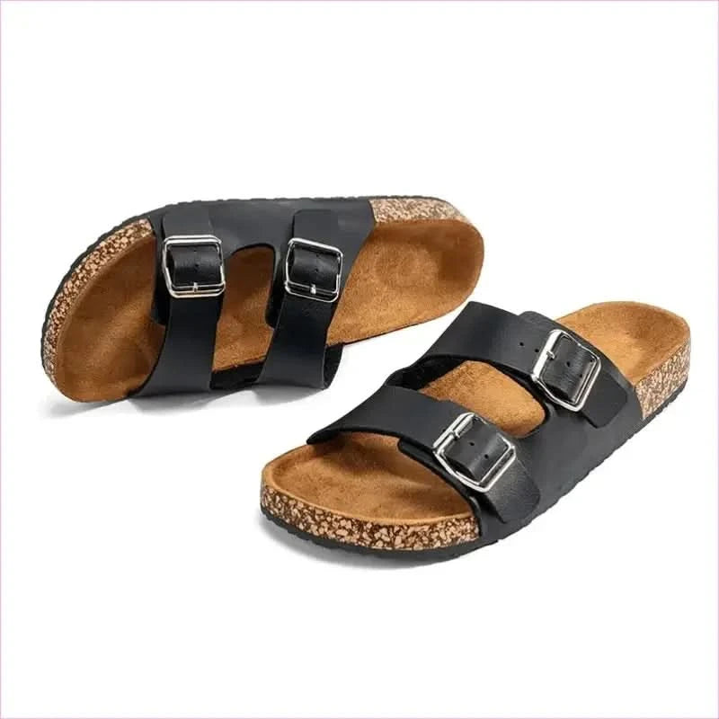 Classic Comfortable Summer Cork Sandals for Men in Black Leather - Pleasures and Sins