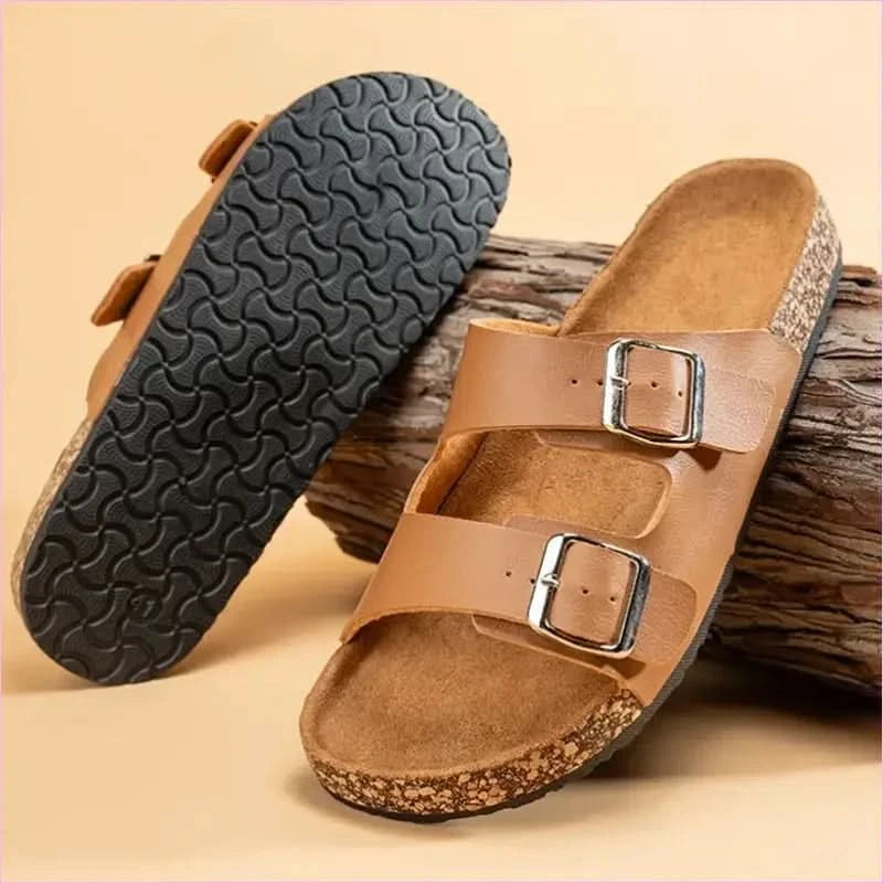Classic Comfortable Summer Cork Sandals for Men in Black Leather - Pleasures and Sins