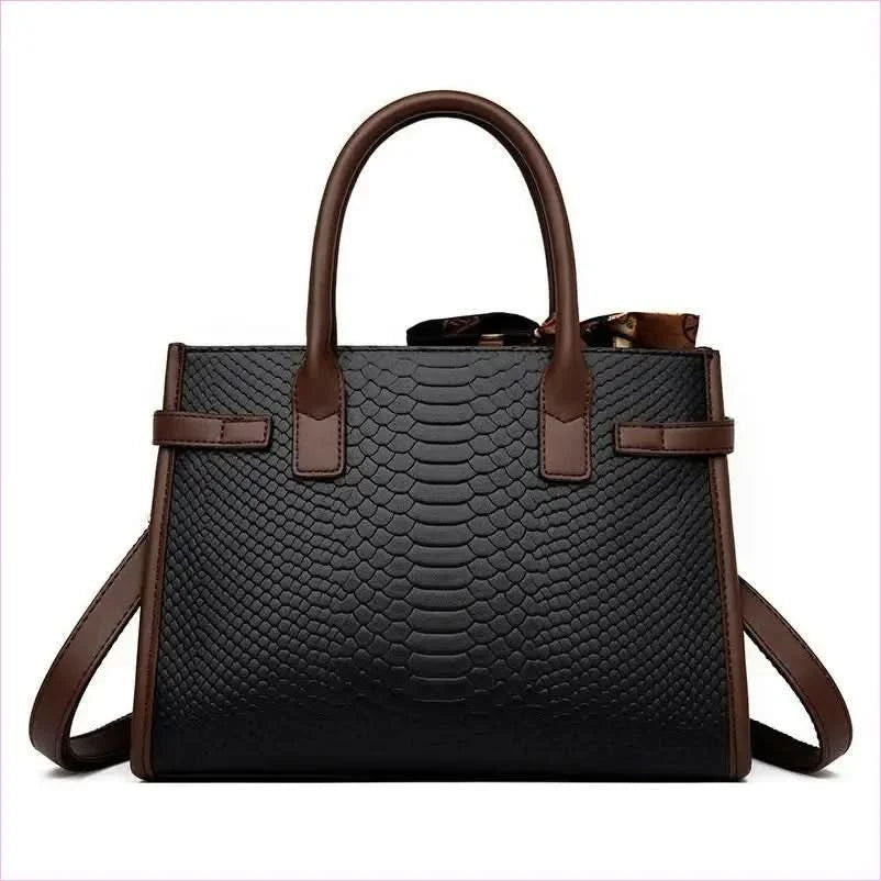 Cream Handbag with Brown Trim and Genuine Leather Snakeskin Pattern - Pleasures and Sins