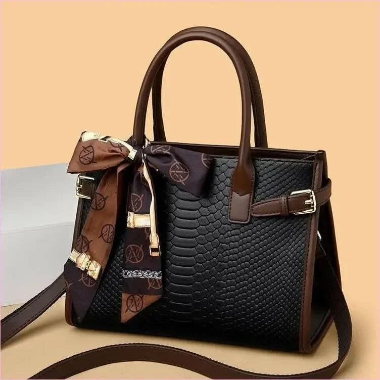 Cream Handbag with Brown Trim and Genuine Leather Snakeskin Pattern - Pleasures and Sins