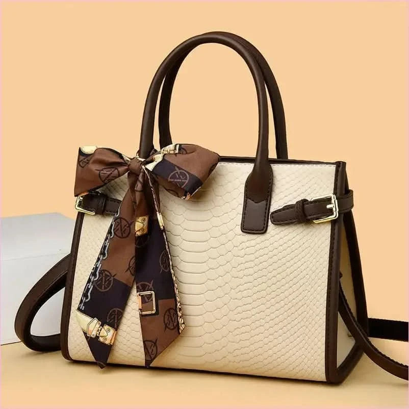 Cream Handbag with Brown Trim and Genuine Leather Snakeskin Pattern - Pleasures and Sins