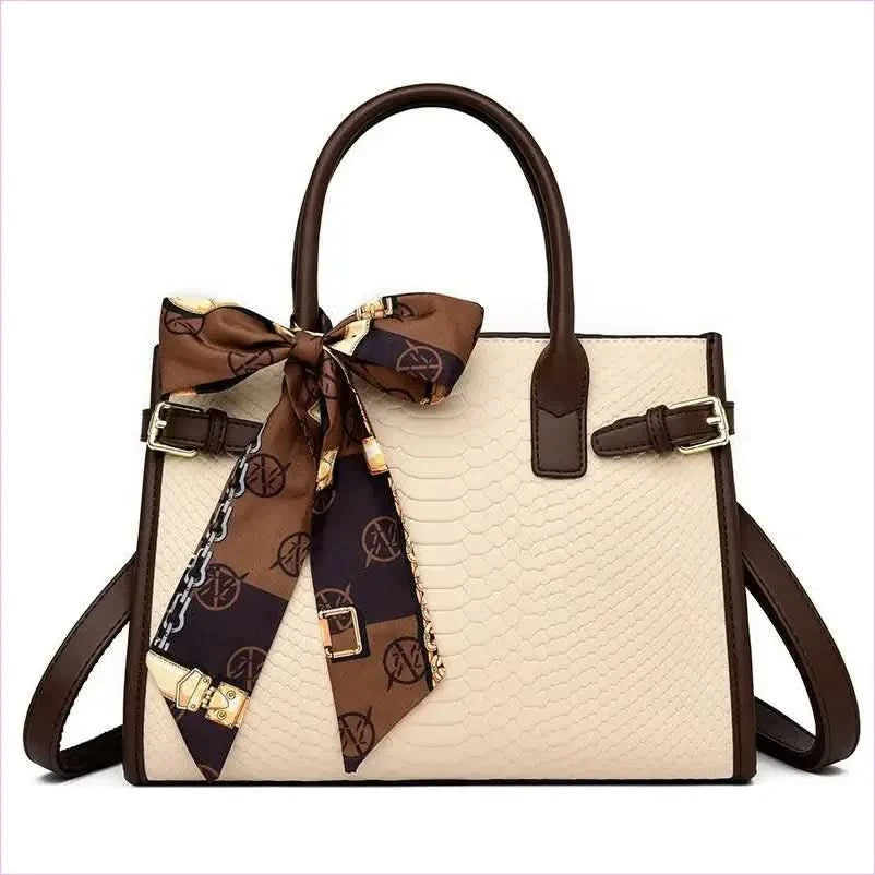 Cream Handbag with Brown Trim and Genuine Leather Snakeskin Pattern - Pleasures and Sins