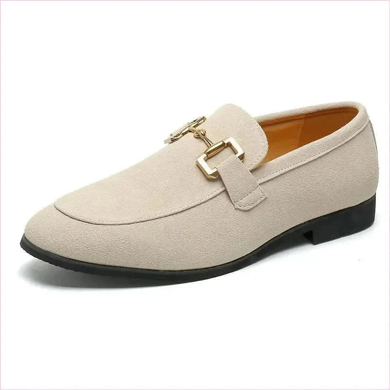 Cream Suede Leather Loafers with Gold Buckle for Casual Driving - Pleasures and Sins