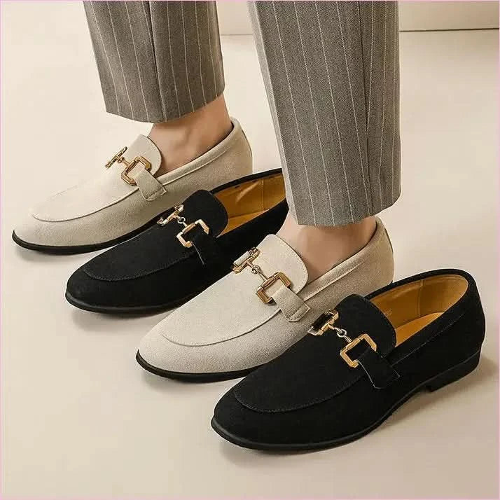 Cream Suede Leather Loafers with Gold Buckle for Casual Driving - Pleasures and Sins