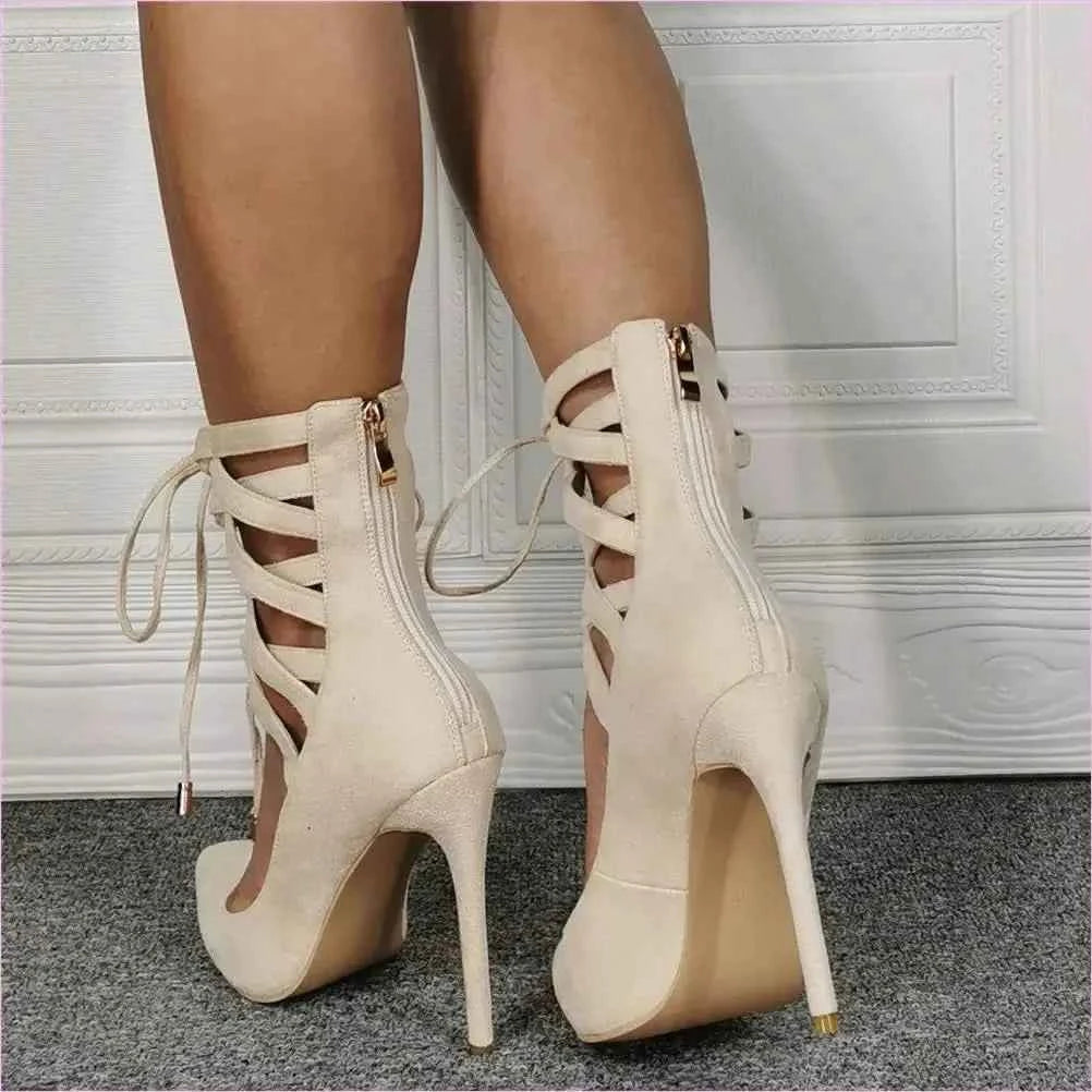 Cream Unisex Stiletto Heel Lace Ankle Pointed Toe High Heels - Pleasures and Sins