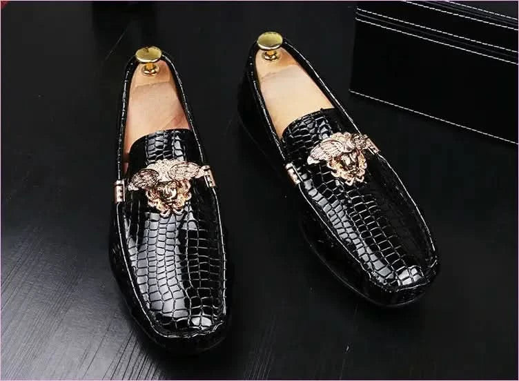 Crocodile Print Moccasins with Gold Emblems for Men - Pleasures and Sins