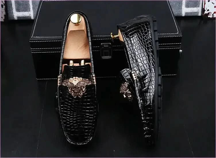 Crocodile Print Moccasins with Gold Emblems for Men - Pleasures and Sins