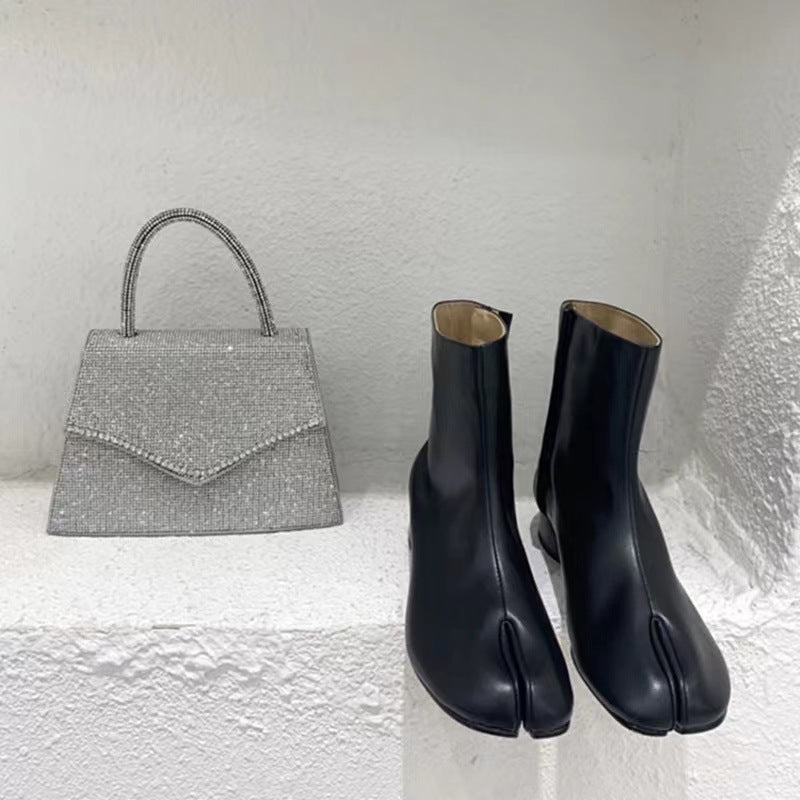 Split-toe Mid Heel Leather Lined Chunky Heel Middle Tabi Boots