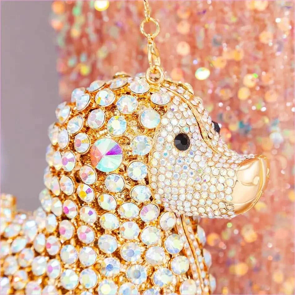 Designer Dog Shaped Crystal Evening Handbag in Golden Beads - Pleasures and Sins