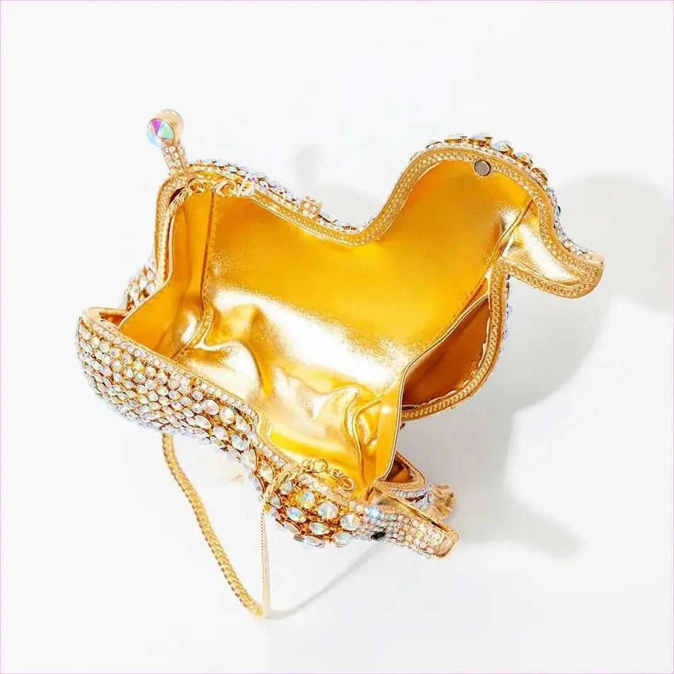Designer Dog Shaped Crystal Evening Handbag in Golden Beads - Pleasures and Sins