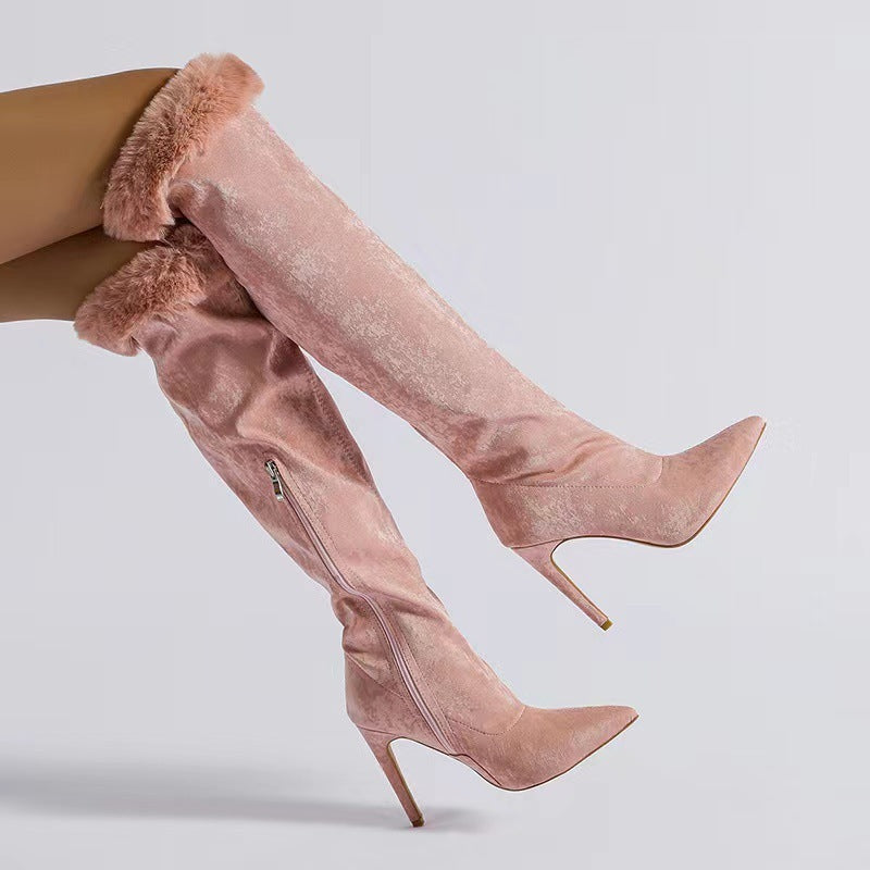 Ladies Pink Over Knee Fine High Heel Fur Edge Pointed Toe Boots