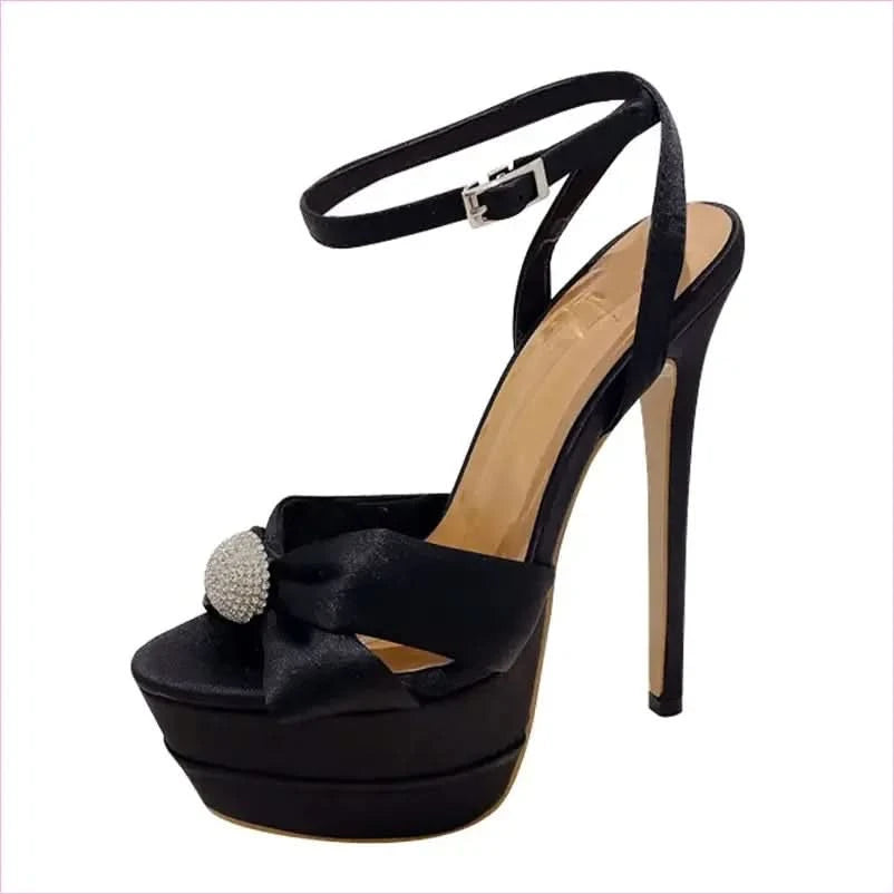 Elegant Black Peep Toe High Heel Platform Sandals with Bow Detail - Pleasures and Sins