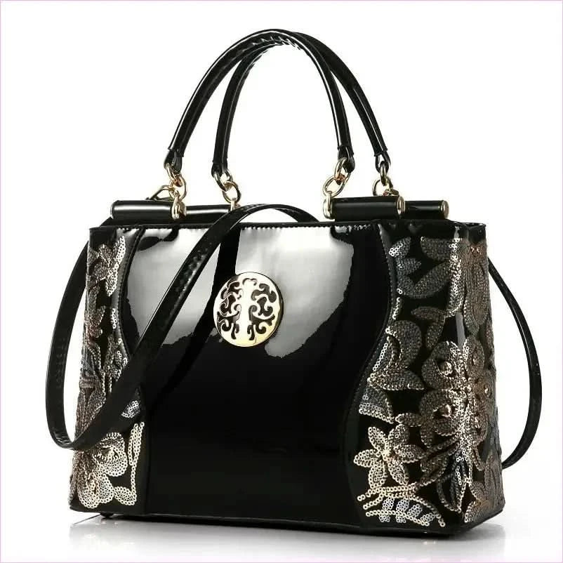 Elegant Floral Patent Leather Large Handbag for Women - Pleasures and Sins