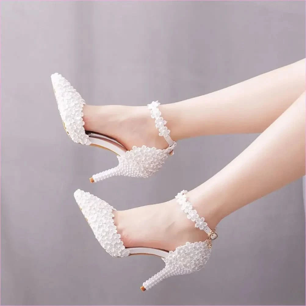 Elegant White Pointed Toe High Stiletto Wedding Shoes with Pearls - Pleasures and Sins