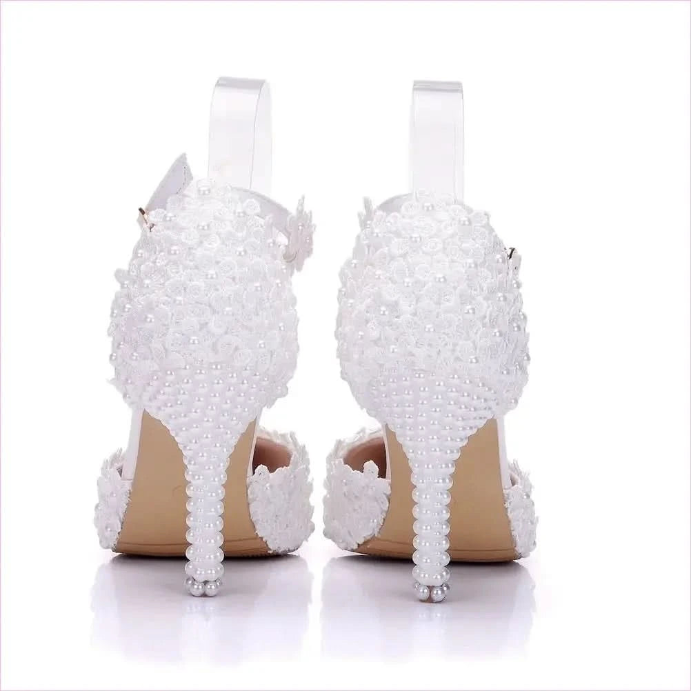 Elegant White Pointed Toe High Stiletto Wedding Shoes with Pearls - Pleasures and Sins