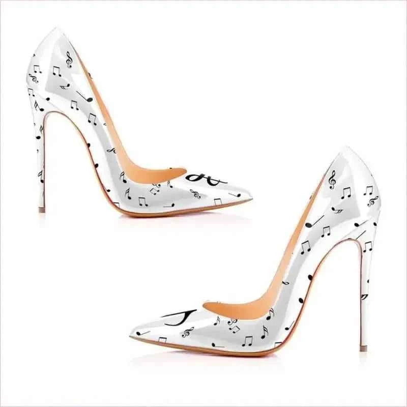 Eye-patterned Stiletto High Heels with Music Note Design - Pleasures and Sins