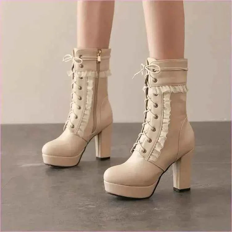 Fashion High Heel Ankle Boots with Lace Detail in Multiple Colors - Pleasures and Sins