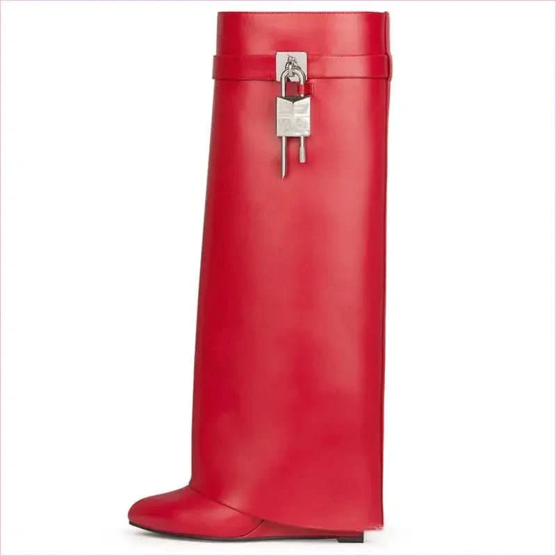 Fashion Shark Lock Knee High Boots in Black and White - Pleasures and Sins