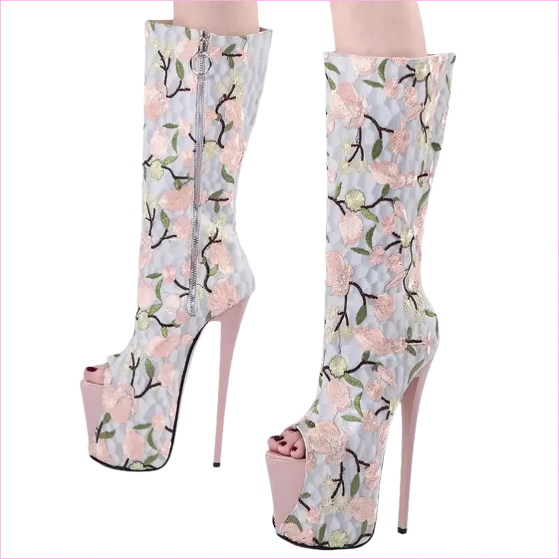 Floral Peep Toe Embroidered Mid Leg Platform Boots - Pleasures and Sins