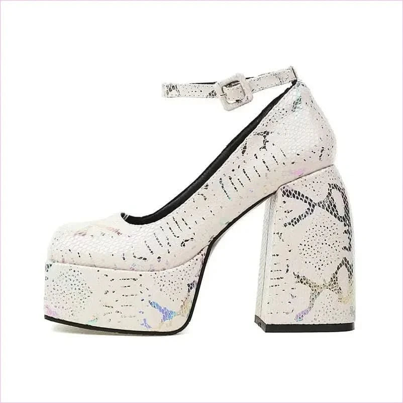Floral Square Toe High Heel Sandals with Snakeskin Design - Pleasures and Sins