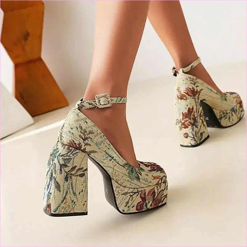 Floral Square Toe High Heel Sandals with Snakeskin Design - Pleasures and Sins