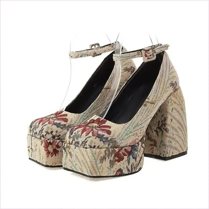 Floral Square Toe High Heel Sandals with Snakeskin Design - Pleasures and Sins
