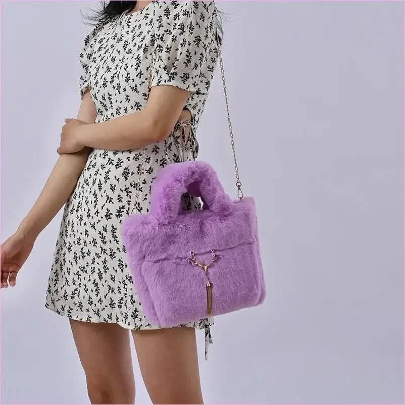 Fluffy Imitation Fur Handbag with Gold Chain Strap - Pleasures and Sins