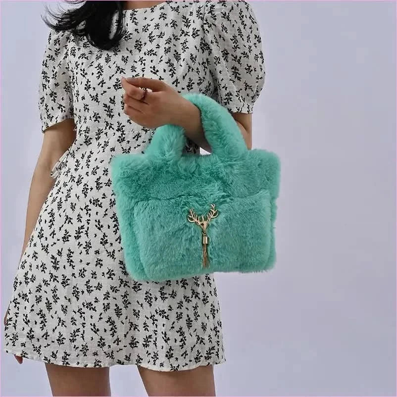 Fluffy Imitation Fur Handbag with Gold Chain Strap - Pleasures and Sins