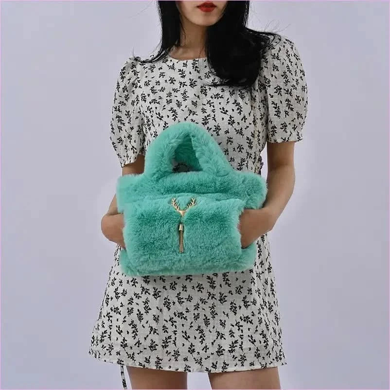 Fluffy Imitation Fur Handbag with Gold Chain Strap - Pleasures and Sins