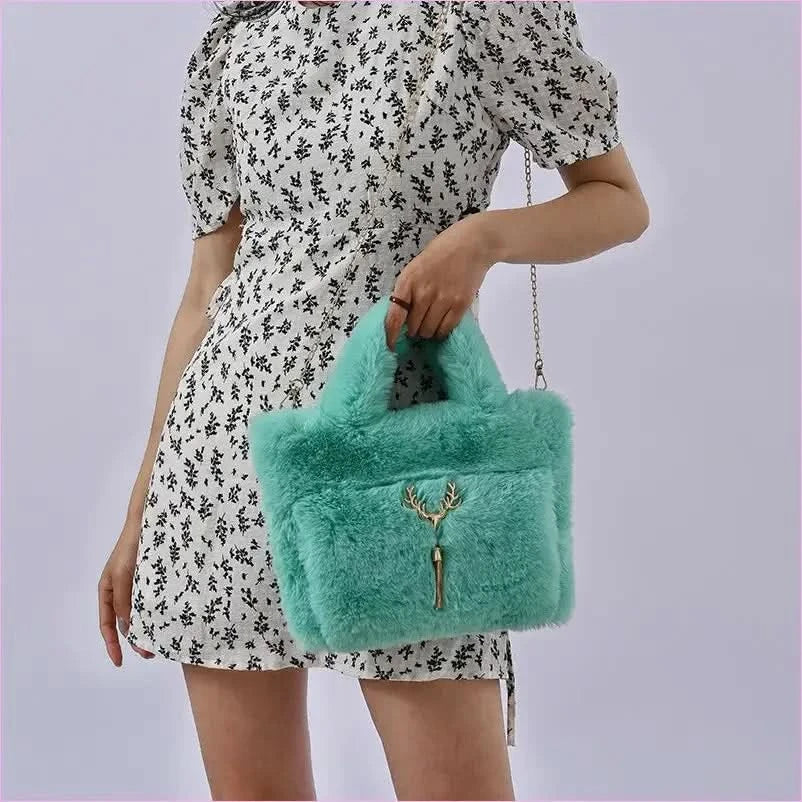 Fluffy Imitation Fur Handbag with Gold Chain Strap - Pleasures and Sins