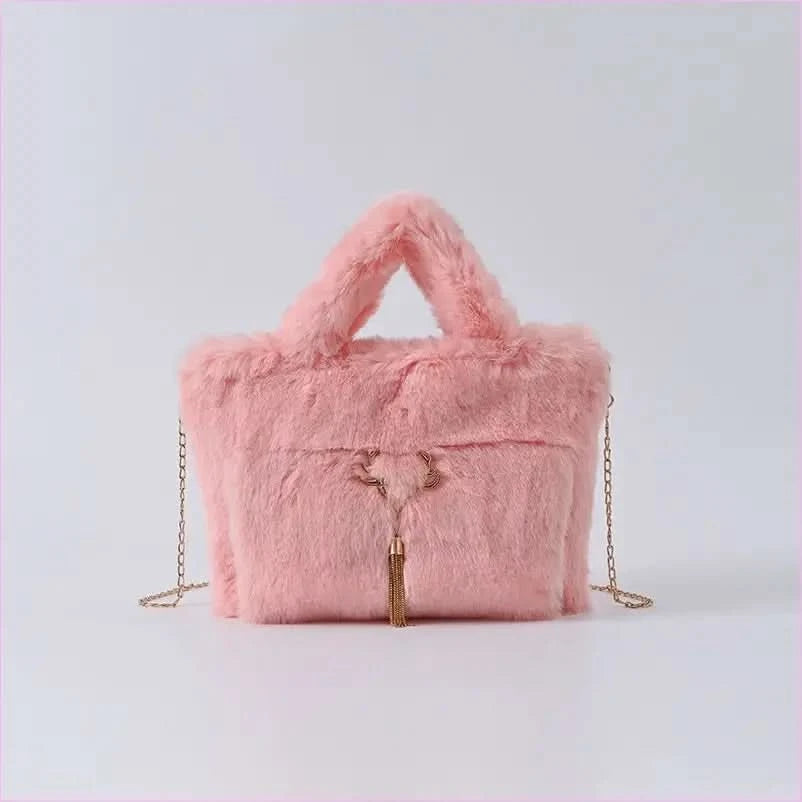 Fluffy Imitation Fur Handbag with Gold Chain Strap - Pleasures and Sins