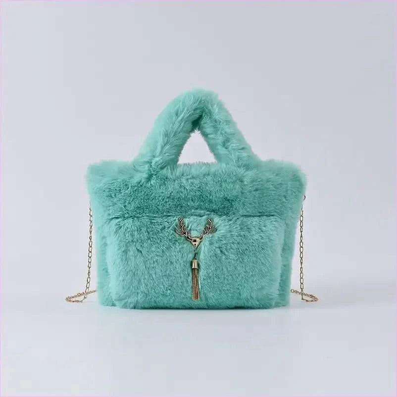 Fluffy Imitation Fur Handbag with Gold Chain Strap - Pleasures and Sins
