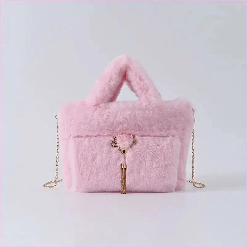 Fluffy Imitation Fur Handbag with Gold Chain Strap - Pleasures and Sins