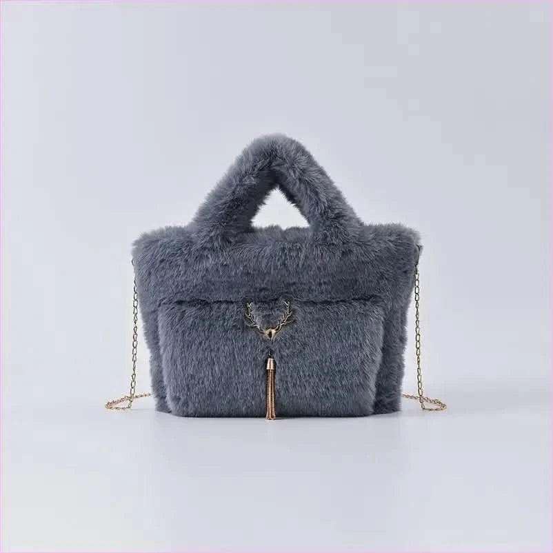 Fluffy Imitation Fur Handbag with Gold Chain Strap - Pleasures and Sins