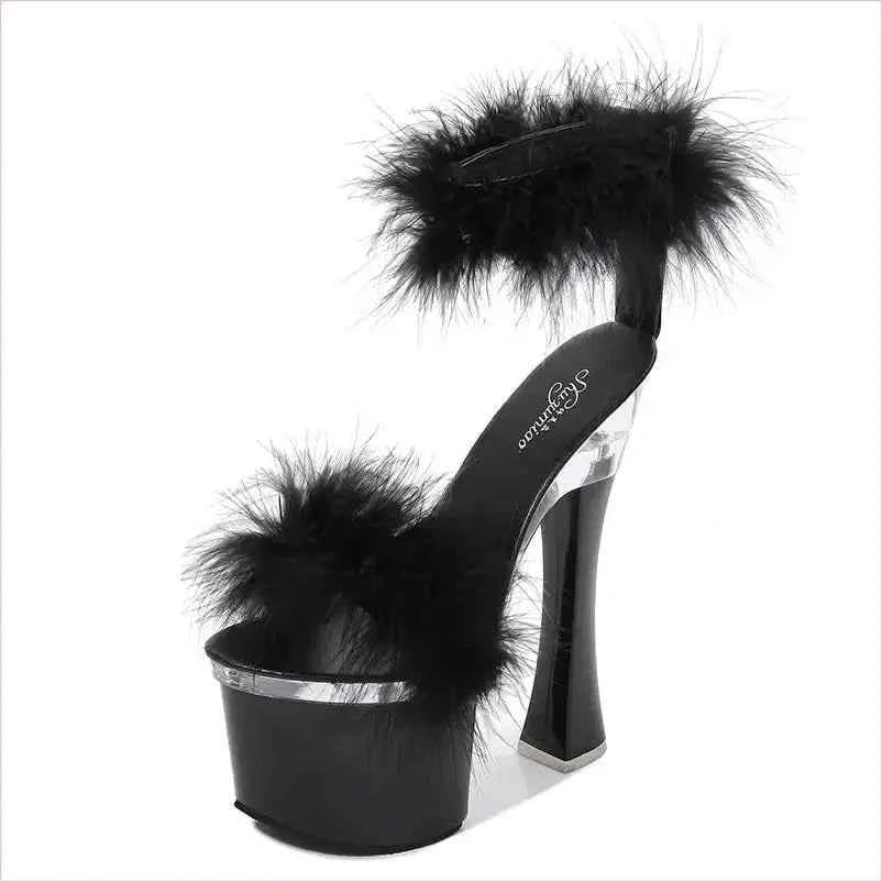 Fluffy White Platform Fairy Sandals with Transparent Super High Heel - Pleasures and Sins