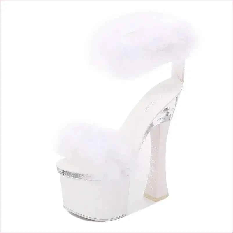 Fluffy White Platform Fairy Sandals with Transparent Super High Heel - Pleasures and Sins