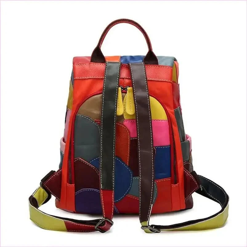 Genuine Leather Womens Multicolour Large Capacity Patchwork Backpack - Pleasures and Sins