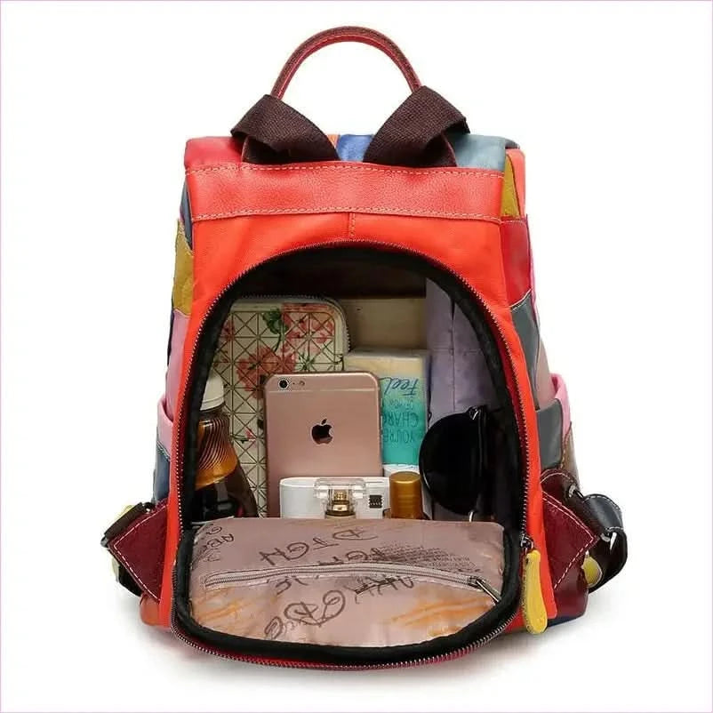 Genuine Leather Womens Multicolour Large Capacity Patchwork Backpack - Pleasures and Sins