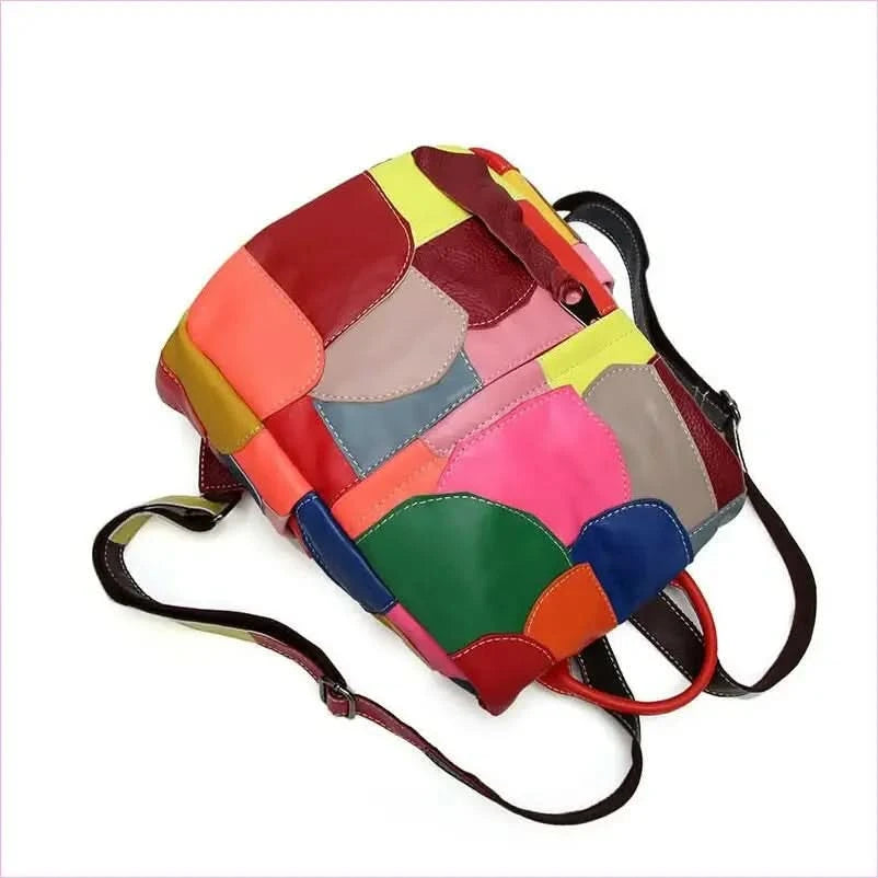 Genuine Leather Womens Multicolour Large Capacity Patchwork Backpack - Pleasures and Sins