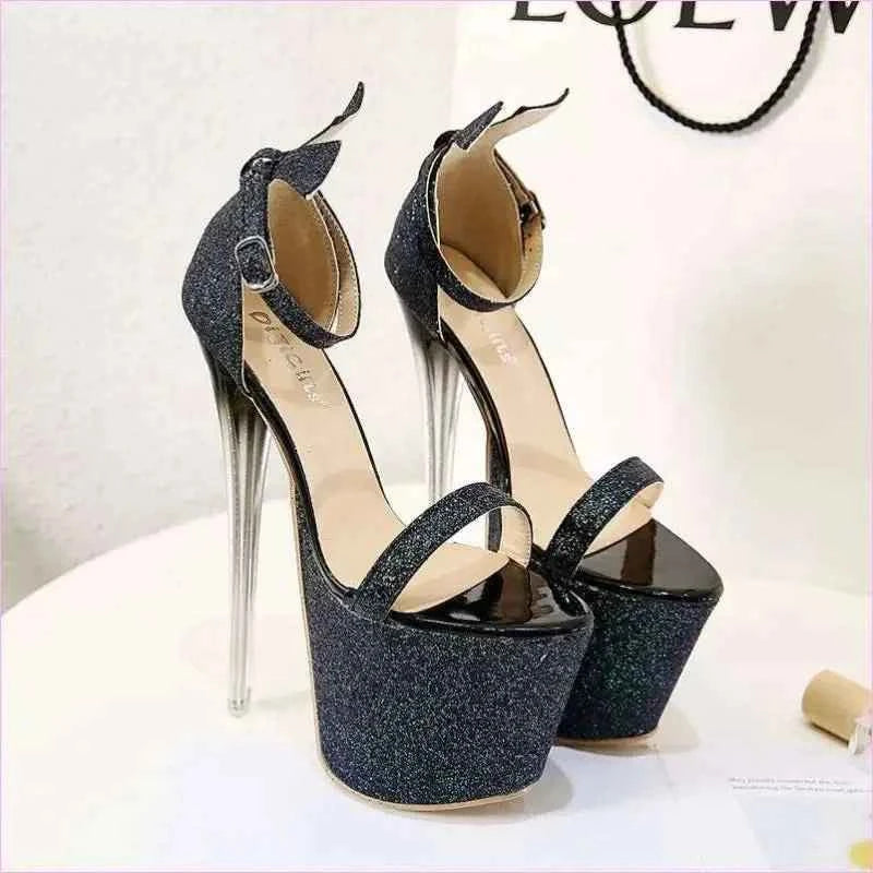 Glitter Peep Toe Stiletto Heel Platform with Clear Acrylic Heel - Pleasures and Sins