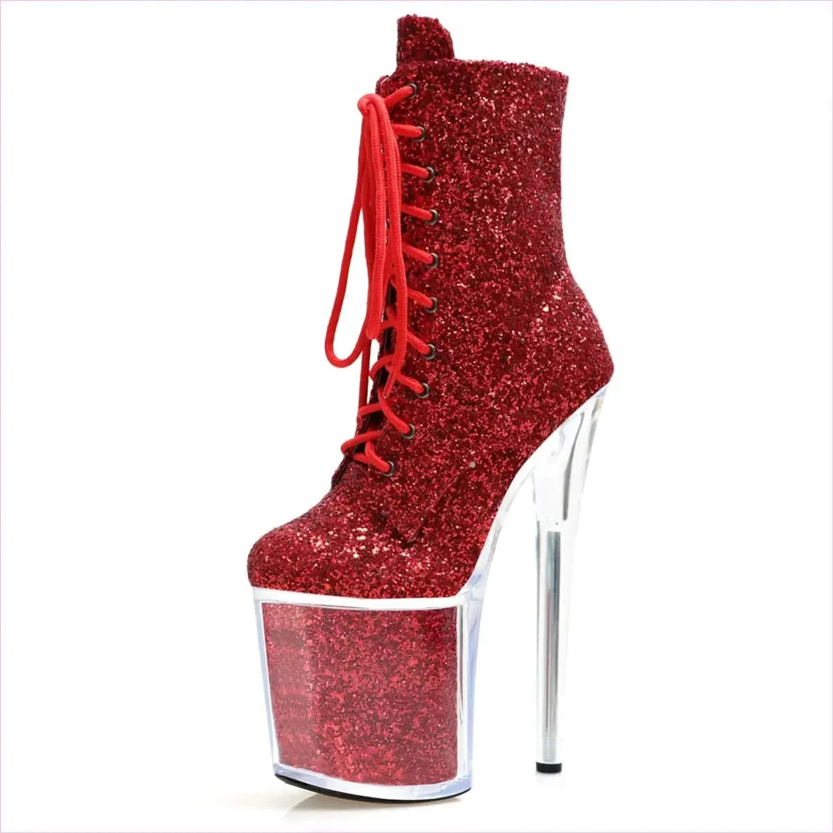 Glittered Lace High Heel Platform Dancer Ankle Boots in Red - Pleasures and Sins