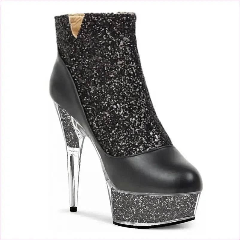 Glittered Round Toe High-heeled Platform Boots with Crystal Stiletto Heel - Pleasures and Sins