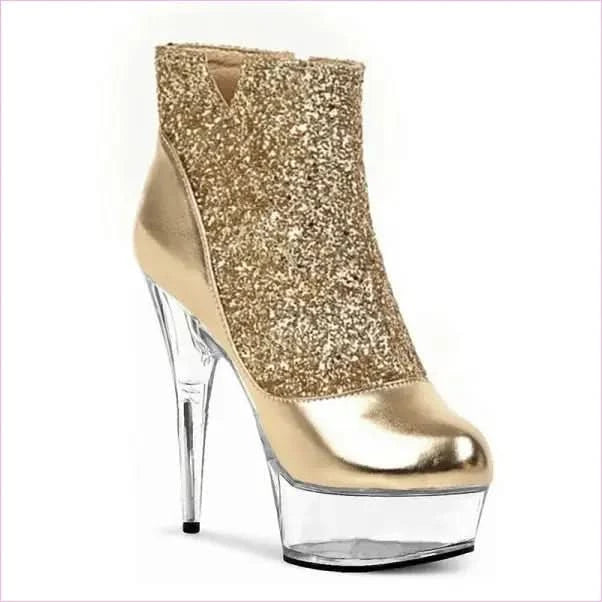Glittered Round Toe High-heeled Platform Boots with Crystal Stiletto Heel - Pleasures and Sins