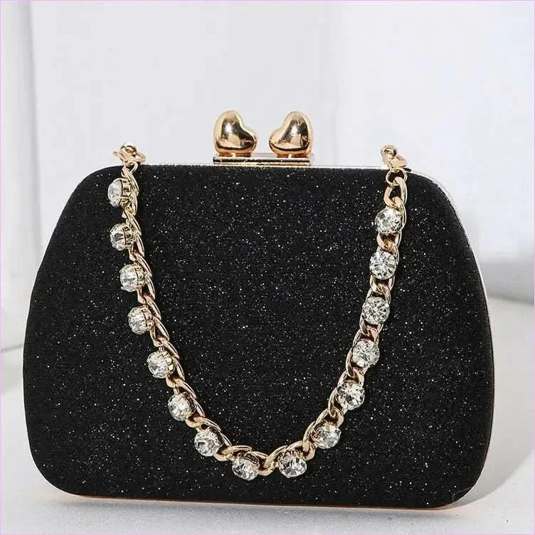 Glittery Black Small Square Celebrity Clutchbag with Diamond Chain Handheld - Pleasures and Sins