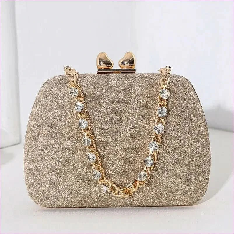 Glittery Black Small Square Celebrity Clutchbag with Diamond Chain Handheld - Pleasures and Sins